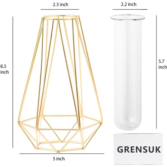 Gold Vase for Home Decor,Flower vase for Decor,Geometric vases for centerpieces,Gold Glass vase for Wedding Decorations,Gold vases for centerpieces,Gold Test Tube vase (8.5 inch Gold)