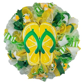 Lemon Flip Flop Wreath - Spring Summer Welcome Deco Mesh Decor - Yellow Lime Green White