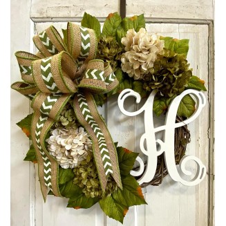 Hydrangea Monogram Initial Front Door Wreath with Choice of Bow and Cream and Moss Green Hydrangeas on Grapevine Base-Handmade in the USA, Front Door Wreath