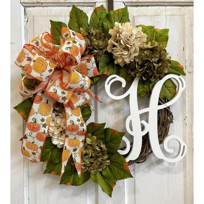 Hydrangea Monogram Initial Front Door Wreath with Choice of Bow and Cream and Moss Green Hydrangeas on Grapevine Base-Handmade in the USA, Front Door Wreath