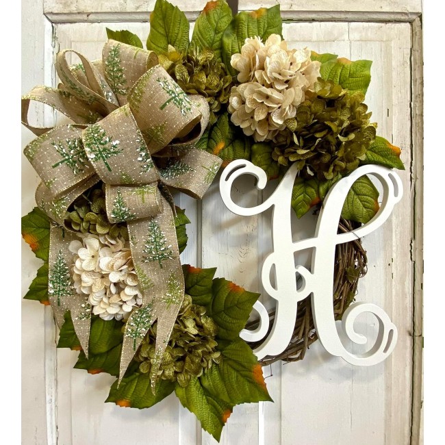 Hydrangea Monogram Initial Front Door Wreath with Choice of Bow and Cream and Moss Green Hydrangeas on Grapevine Base-Handmade in the USA, Front Door Wreath