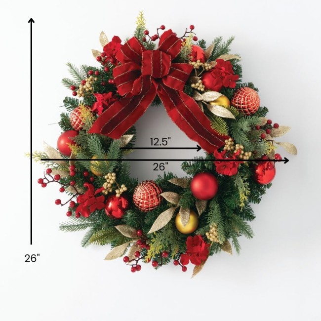  26" Pine and Ornaments, Artificial Greenery Flowers, Everyday and Seasonal Wreaths, Indoor & Outdoor Wreaths for Front Door, Entryway, Porch Décor