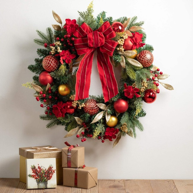  26" Pine and Ornaments, Artificial Greenery Flowers, Everyday and Seasonal Wreaths, Indoor & Outdoor Wreaths for Front Door, Entryway, Porch Décor