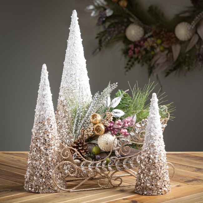  Glittered Beaded Cone Tree Set of 3, Christmas Decor, Christmas Tabletop, Decorative Christmas Trees, 11.5" H, 14.75" H and 20" H