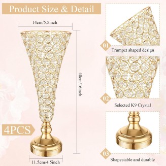 Mifoci 4 Pcs Gold Trumpet Vases for Centerpieces 16 Inch Crystal Flower Vase for Table Decor Wedding Party Favors Tall Floral Arrangement Stand Home Decoration