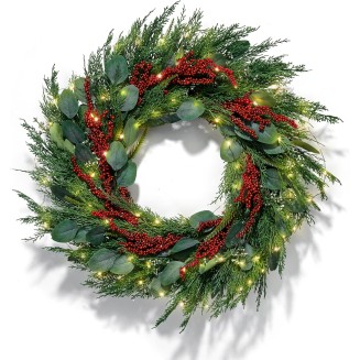 Christmas Wreath with Lights Front Door Wreaths, 24 Inch Holiday Wreath, 100 LED Evergreen Wreath with Eucalyptus and Red Berry Decorations, Lighted Christmas Wreaths for Front Door Winter Decor