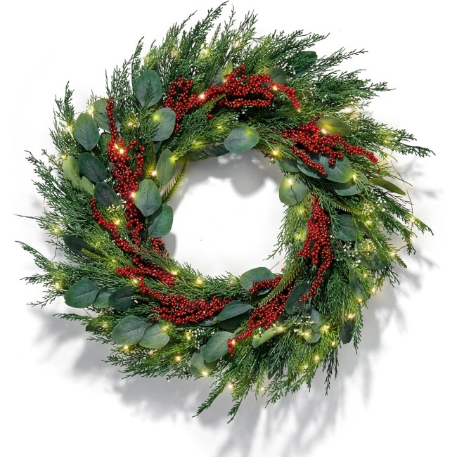 Christmas Wreath with Lights Front Door Wreaths, 24 Inch Holiday Wreath, 100 LED Evergreen Wreath with Eucalyptus and Red Berry Decorations, Lighted Christmas Wreaths for Front Door Winter Decor