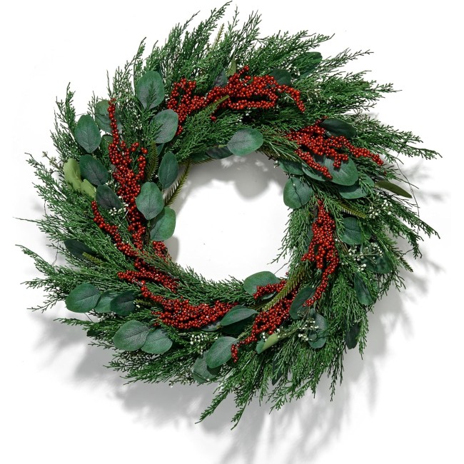 Christmas Wreath with Lights Front Door Wreaths, 24 Inch Holiday Wreath, 100 LED Evergreen Wreath with Eucalyptus and Red Berry Decorations, Lighted Christmas Wreaths for Front Door Winter Decor