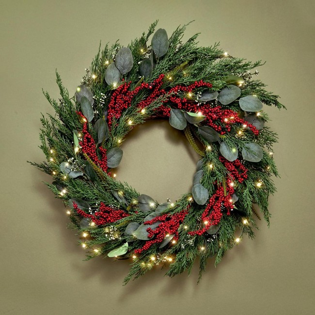 Christmas Wreath with Lights Front Door Wreaths, 24 Inch Holiday Wreath, 100 LED Evergreen Wreath with Eucalyptus and Red Berry Decorations, Lighted Christmas Wreaths for Front Door Winter Decor