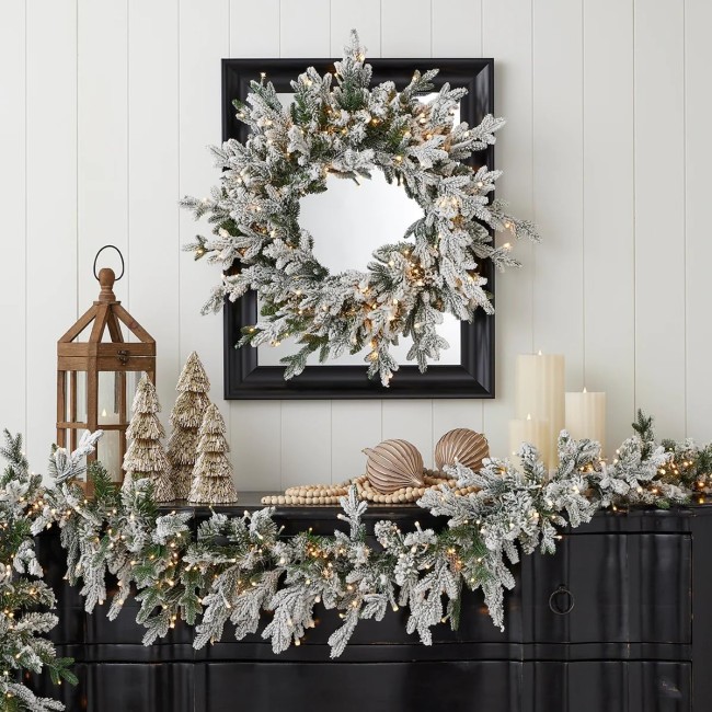 Dandan Flocked Pine 24" Wreath with Warm LED Lights Indoor Outdoor | Plug in Warm White LED Lights | Door, Wall or Window…