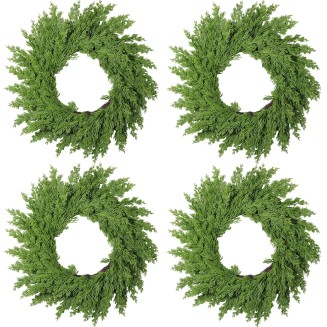 4PCS Christmas Norfolk Pine Wreath,Christmas Wreath for Front Door, Artificial Green Wreath Greenery Realistic Wreath Holiday Decoration for Holiday Thanksgiving Fall Winter Decor