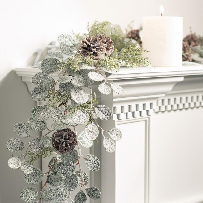  5 ft Snow Dusted Eucalyptus and Pinecone Garland, Christmas Decor Perfect for Fireplace Mantels, Dining and Living Rooms