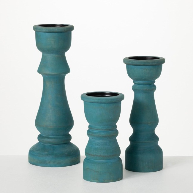  Turquoise Wood Pillar Candle Holder Set of 3, Decorative Candle Holders for Table Centerpiece, Perfect for Home Decor, Weddings, Dinning and Gifts