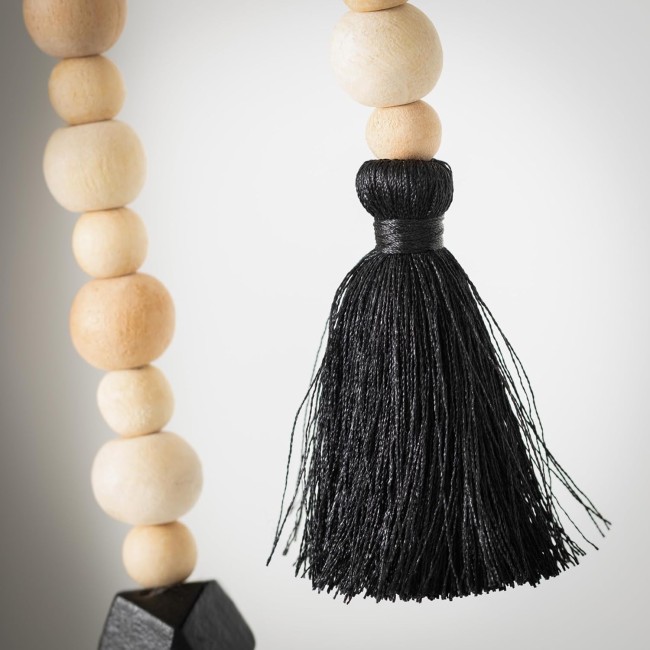  6.5 ft Neutral Wood Bead & Black Tassel Garland Set of 2, Artificial Greenery, Versatile Garland Decor for All Seasons, Perfect for Weddings, Fireplace Mantels, Dining and Living Rooms