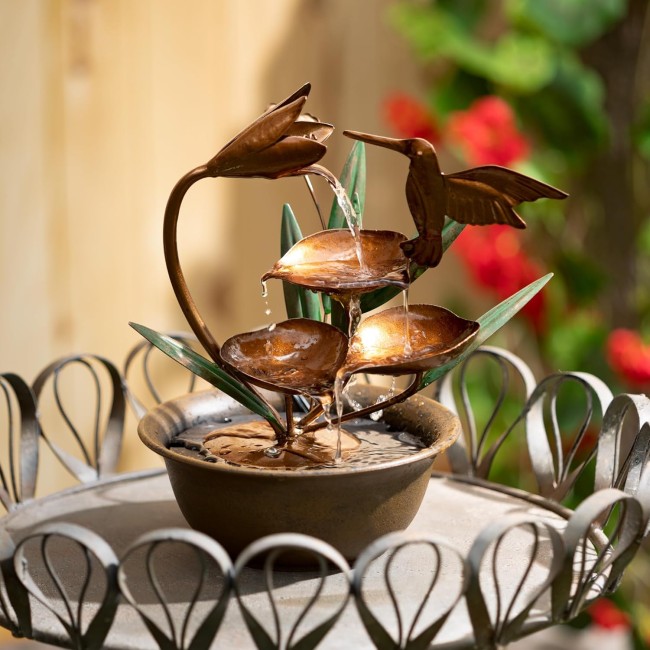  Copper Hummingbird Water Fountain with Easy Set-up Pump, Small Desk Waterfall for Meditation, Indoor or Outdoor Garden, Patio, Living Room and Office Home Décor