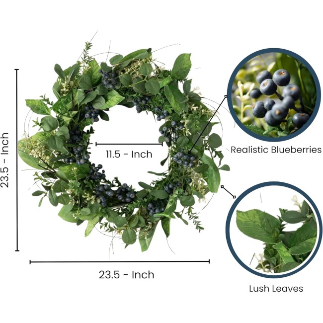  23.5 Inch Leaf and Berry Wreath, Spring and Summer Artificial Wreath, Everyday Wreath, Front Door Wreaths, Indoor & Outdoor Wreaths, Door, Entryway, Porch Décor