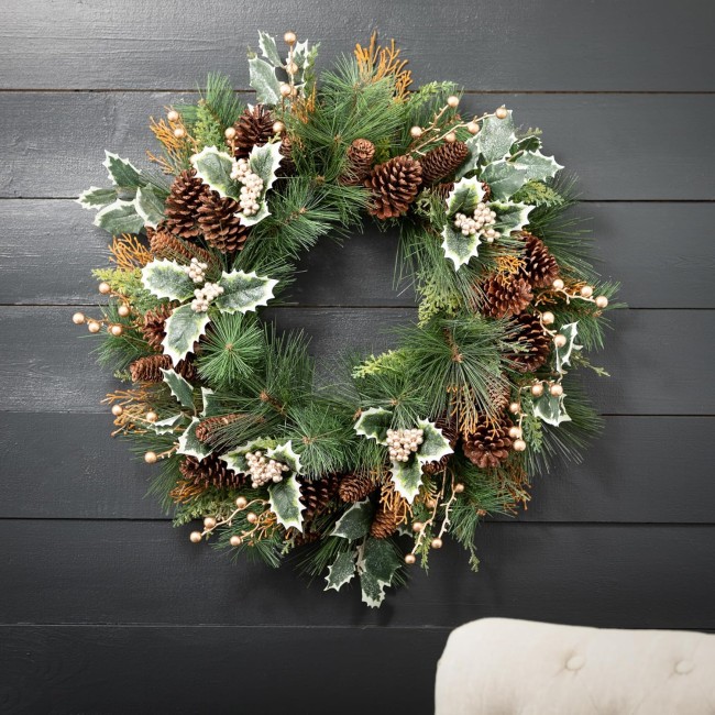  26.5 Inch Pine and Holly Wreath, Christmas Artificial Wreath, Winter Wreath, Front Door Wreaths, Indoor & Outdoor Wreaths, Door, Entryway, Porch Décor