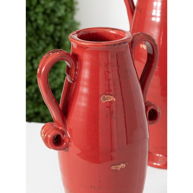  Red Glazed Ceramic Classic Design Urn Vase with Curl Handles, Set of 2, Table Centerpiece Pedestal Vases for Flowers, Perfect for Wedding, Home, Office, Kitchen Decor