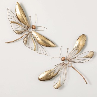  Gold Dragonfly Wall Decor Set of 2, Iridescent Metal Art Rustic Vintage Farmhouse Artwork Decoration, Perfect for Office, Living and Dining Rooms, Kitchens and Bathrooms