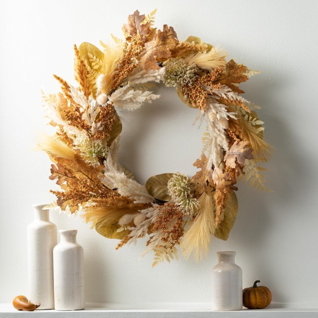  24" Dried Pampas Wreath, Artificial Greenery Flowers, Everyday and Seasonal Wreaths, Indoor & Outdoor Wreaths for Front Door, Entryway, Porch Décor