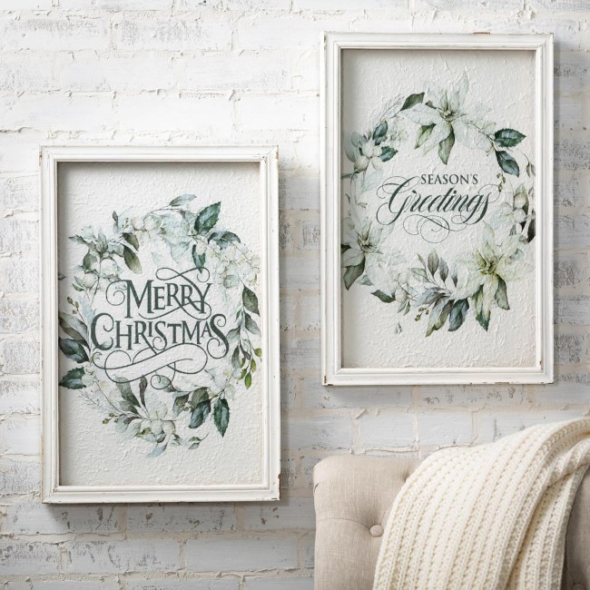  White and Green Poinsettia Wood Framed Printed Wall Art, 16" x 24", Set of 2, Rustic Vintage Farmhouse Artwork Decoration, Perfect for Office, Living and Dining Rooms, Wall Art Decor for the Holidays