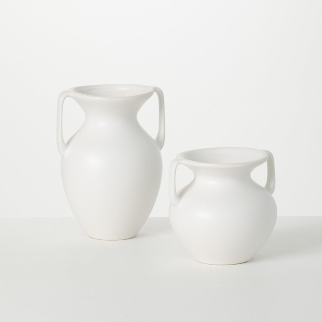  White Matte Smooth Ceramic Handled Urn Vase, Set of 2, Table Centerpiece Pedestal Vases for Flowers, Perfect for Wedding, Home, Office, Kitchen Decor