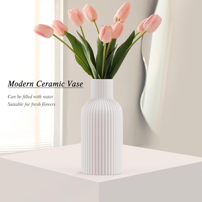 Vase, White Ceramic Vase, Flower Vase, Minimalist Modern Home Decor, Matte Finish Pampas Grass Vase for Table, Fireplace, Shelf, Mantel, Entryway and Centerpieces