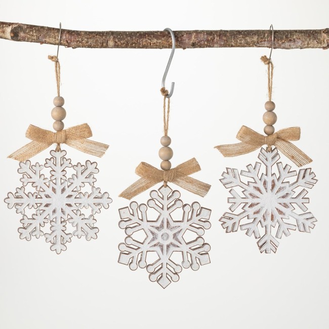  6.25" H  Wood Snowflake Ornament - Set of 3, White Christmas Ornaments, Christmas Décor, Christmas Tree Décor, Ornament Set, Christmas Decorations