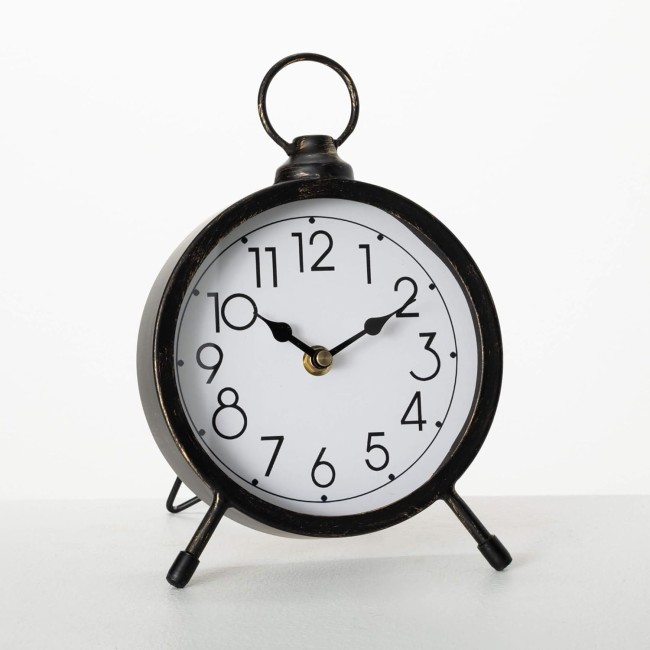  Vintage Metal Desk Clock with Dark Washed Wood Accents and Old-Style Handle, Perfect for Bookshelf Decor in Home or Office