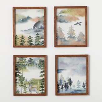  Wood Framed Woodland Watercolor Canvas Art Wall Decor Set of 4, Rustic Vintage Farmhouse Artwork Decoration, Perfect for Office, Living Rooms, Dining Rooms, Kitchens and Bathrooms