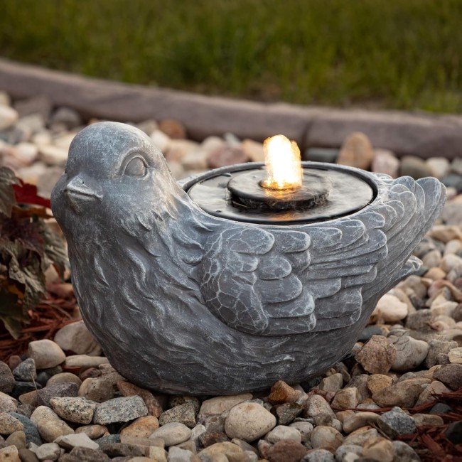  Gray Stone Bird Water Fountain with Easy Set-up Pump and LED Light, Small Desk Waterfall for Meditation, Indoor or Outdoor Garden, Patio, Living Room and Office Home Decor