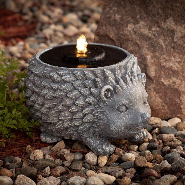  Gray Stone Hedgehog Water Fountain with Easy Set-up Pump and LED Light, Small Desk Waterfall for Meditation, Indoor or Outdoor Garden, Patio, Living Room and Office Home Décor