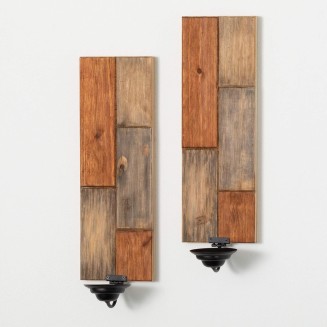  Wood Patchwork Pillar Candle Holder Wall Sconces Set of 2, Multicolor Wood Decorative Candle Holders for Table Centerpiece, Perfect for Home Decor, Weddings, Dinning and Gifts