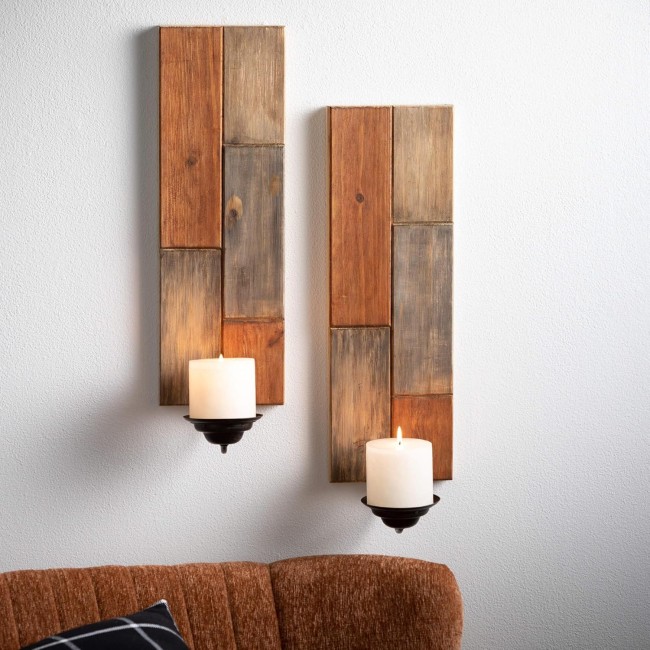  Wood Patchwork Pillar Candle Holder Wall Sconces Set of 2, Multicolor Wood Decorative Candle Holders for Table Centerpiece, Perfect for Home Decor, Weddings, Dinning and Gifts