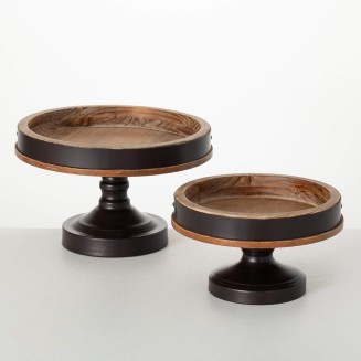  Natural Wood & Black2-Toned Round Riser, Set of 2, Risers for Display, Tray for Kitchen Decor, Pedestal Stand for Countertop, Footed Stand Perfect for Home, Office, Kitchen Decor