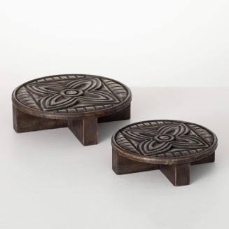  Black Wood Medallion Pattern Decorative Riser, Set of 2, Risers for Display, Tray for Kitchen Decor, Pedestal Stand for Countertop, Footed Stand Perfect for Home, Office, Kitchen Decor