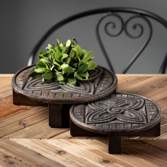  Black Wood Medallion Pattern Decorative Riser, Set of 2, Risers for Display, Tray for Kitchen Decor, Pedestal Stand for Countertop, Footed Stand Perfect for Home, Office, Kitchen Decor