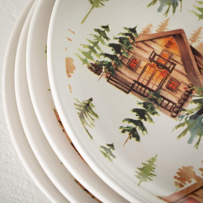  Rustic Cabin Snack Plate Snack Plate Set of 4 Christmas Salad Plate, Dessert and Appetizer Plates,Vintage Style Dinnerware, Holiday Dishes, 8x8-Inches