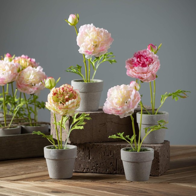  Elegant Pink Ranunculus Potted Set of 12, Artificial Fake Flower, Lifelike Bouquet Centerpiece for Home, Office, Weddings and Gifts Decor