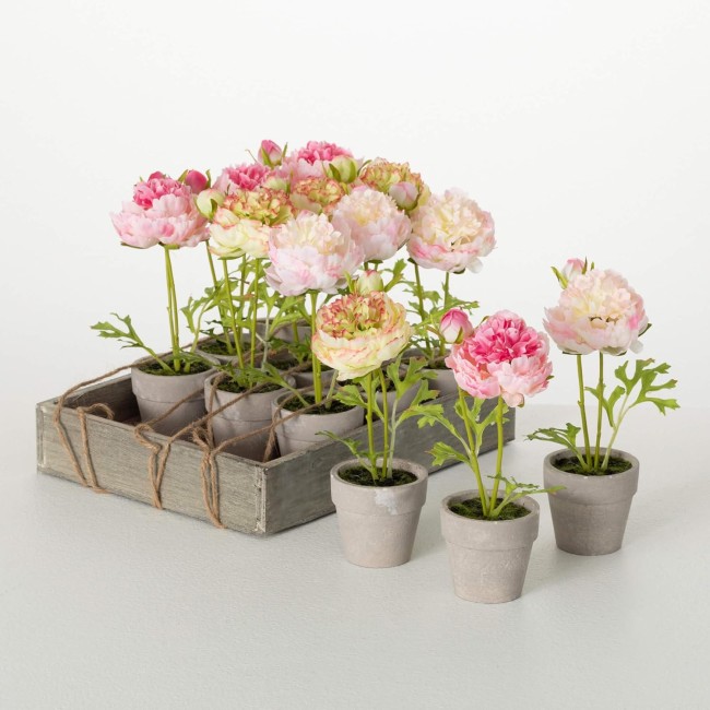  Elegant Pink Ranunculus Potted Set of 12, Artificial Fake Flower, Lifelike Bouquet Centerpiece for Home, Office, Weddings and Gifts Decor