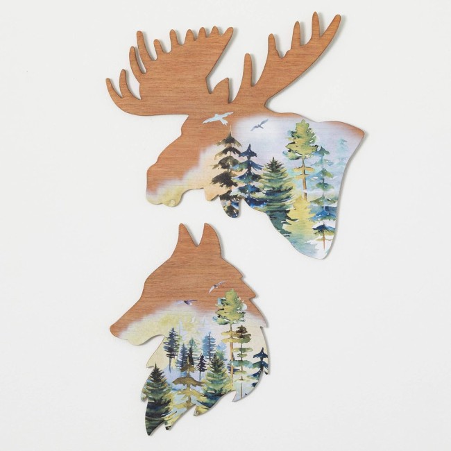  Moose and Wolf Forest Watercolor Art Decor, Set of 2, Decorative Shelves, Perfect for Office, Living, Dining Rooms, Kitchens and Bathrooms