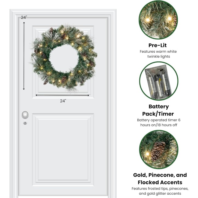  Prelit 24" Christmas Wreath, Christmas Decor, Flocked Christmas Door Wreath with Lights, Lighted Pine Christmas Wreath, Christmas Decorations, Pinecones, Gold Accents, and Battery Timer