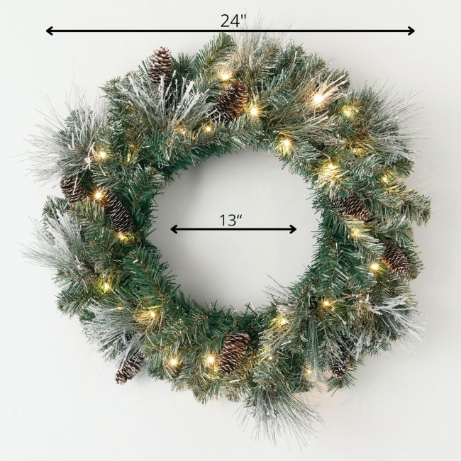  Prelit 24" Christmas Wreath, Christmas Decor, Flocked Christmas Door Wreath with Lights, Lighted Pine Christmas Wreath, Christmas Decorations, Pinecones, Gold Accents, and Battery Timer