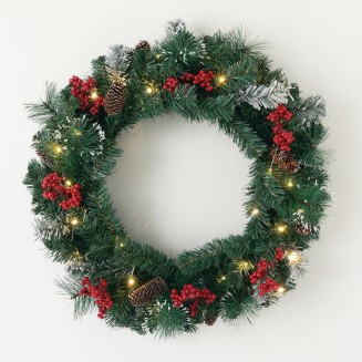  Prelit 24" Christmas Wreath, Christmas Decor, Christmas Door Wreath with Lights, Lighted Pine Christmas Wreath, Flocked Tips Pine Red Berry Wreath with Lights, Battery Timer, Holiday Décor