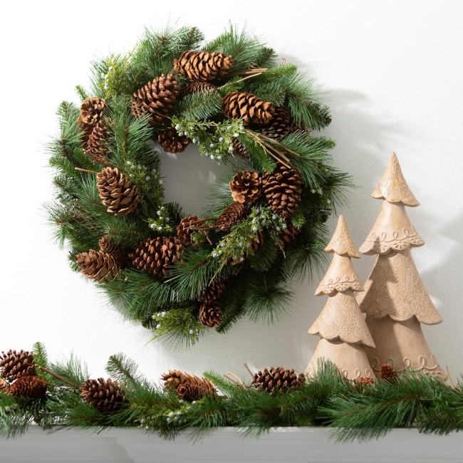  24" Lush Pine Pinecone Wreath, Christmas Wreath, Front Decor Decor, Perfect for Fireplace Mantels, Dining and Living Rooms