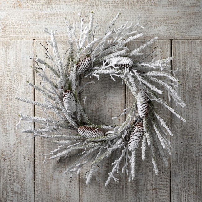  24" Flocked Pine Twig Wreath, Christmas Wreath, Front Decor Decor, Perfect for Fireplace Mantels, Dining and Living Rooms