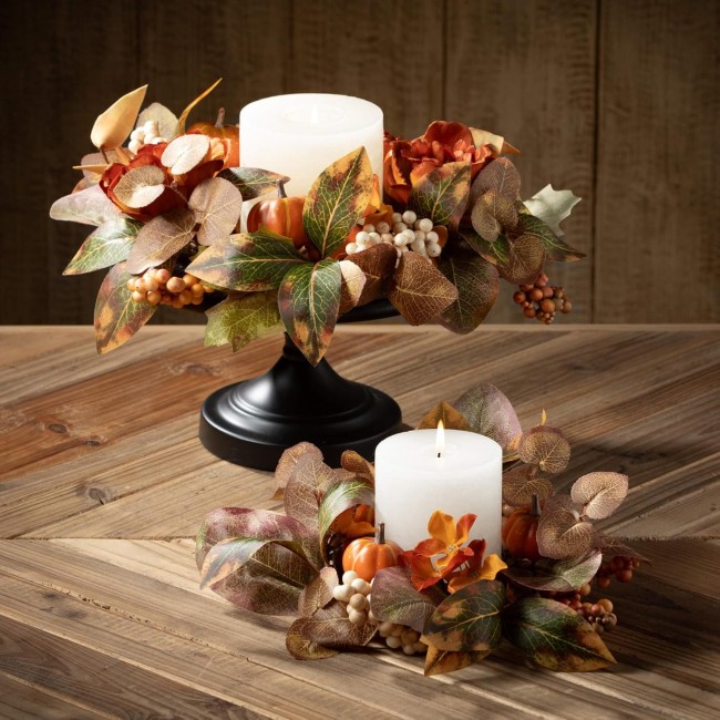  14" Floral Berry Pumpkin Ring 6.5", Fall Mini Wreath, Candle Ring, Perfect for Fireplace Mantels, Dining and Living Rooms