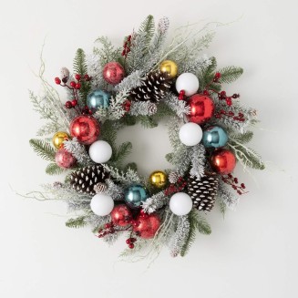  24" Shiny Ball Frosted Pine Wreath, Christmas Wreath, Front Decor Decor, Perfect for Fireplace Mantels, Dining and Living Rooms