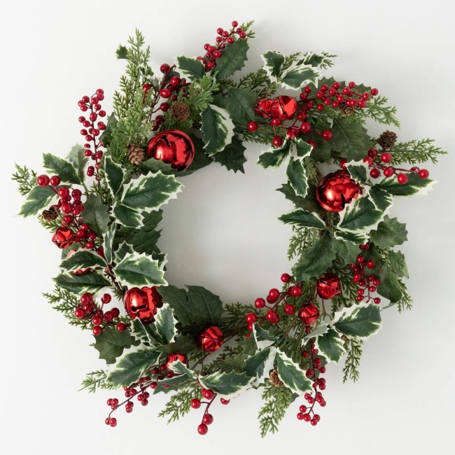  24" Jingle Bell Holly Pine Wreath, Christmas Wreath, Front Decor Decor, Perfect for Fireplace Mantels, Dining and Living Rooms