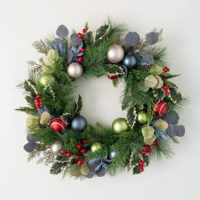  26" Christmas Ball Mixed Wreath, Christmas Wreath, Front Decor Decor, Perfect for Fireplace Mantels, Dining and Living Rooms